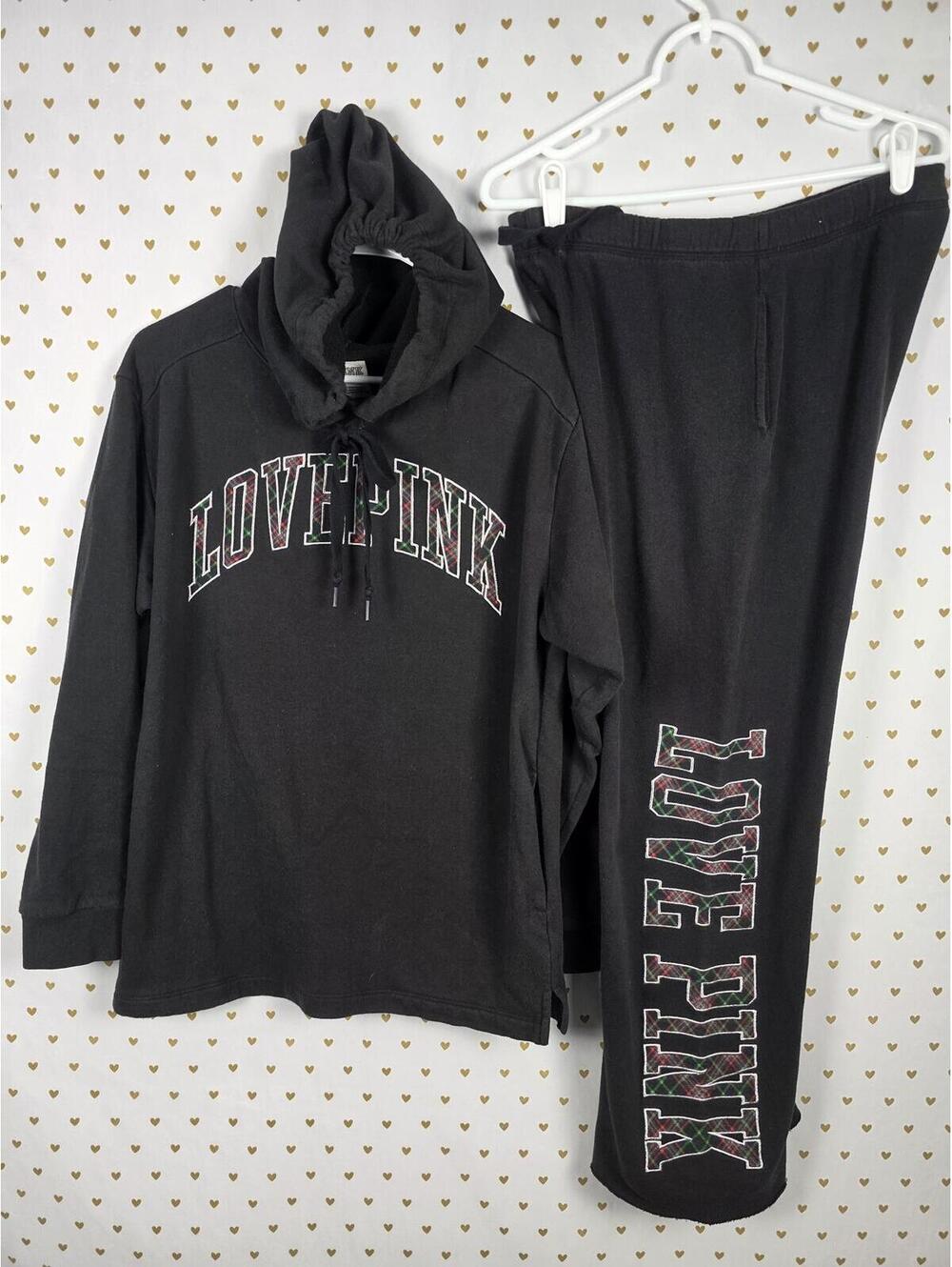 Victorias Secret Pink Embroidered Logo Plaid Sweats & Hoodie SET Outfit 2pc S M